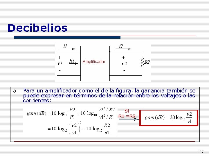 Decibelios Amplificador ◊ Para un amplificador como el de la figura, la ganancia también