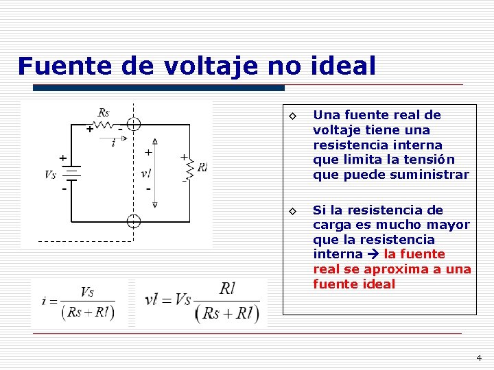 Fuente de voltaje no ideal ◊ Una fuente real de voltaje tiene una resistencia