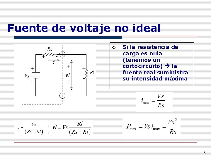 Fuente de voltaje no ideal ◊ Si la resistencia de carga es nula (tenemos