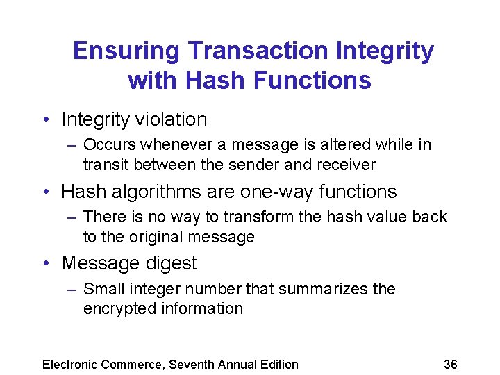 Ensuring Transaction Integrity with Hash Functions • Integrity violation – Occurs whenever a message