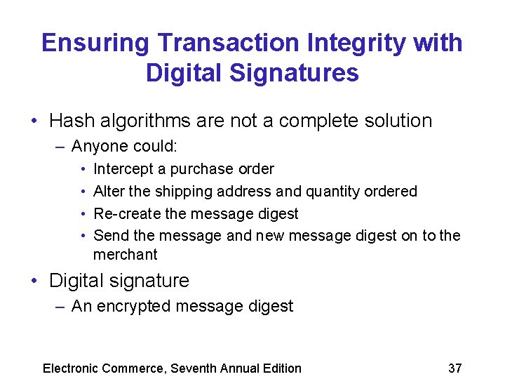 Ensuring Transaction Integrity with Digital Signatures • Hash algorithms are not a complete solution