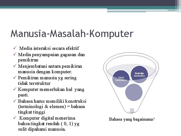 Manusia-Masalah-Komputer ü Media interaksi secara efektif ü Media penyampaian gagasan dan pemikiran ü Menjembatani