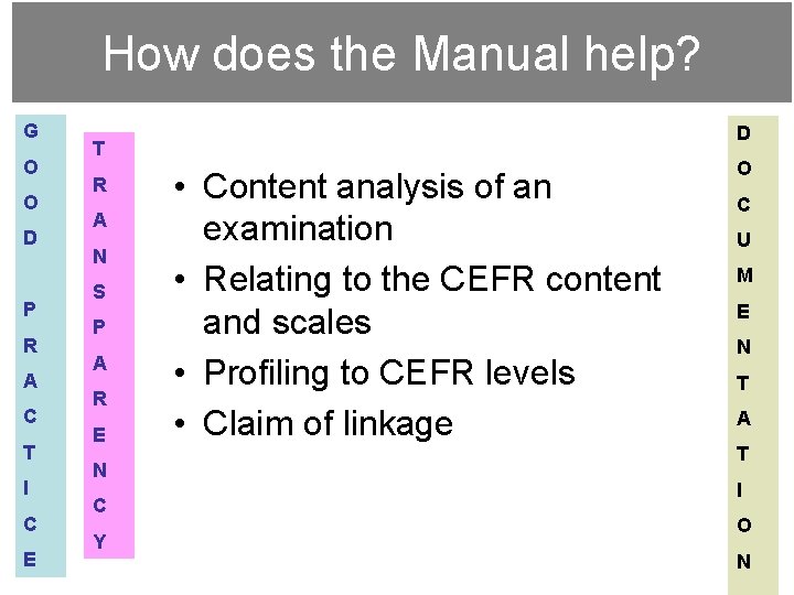 How does the Manual help? G O O D P R A C T