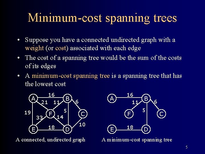 Minimum-cost spanning trees • Suppose you have a connected undirected graph with a weight