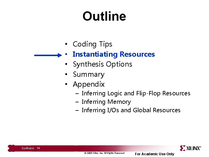 Outline • • • Coding Tips Instantiating Resources Synthesis Options Summary Appendix – Inferring