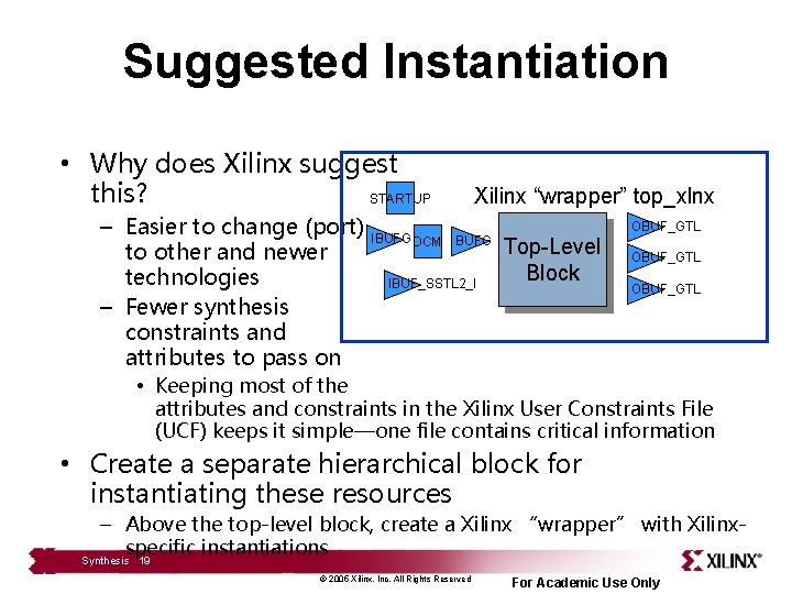 Suggested Instantiation • Why does Xilinx suggest this? Xilinx “wrapper” top_xlnx STARTUP – Easier