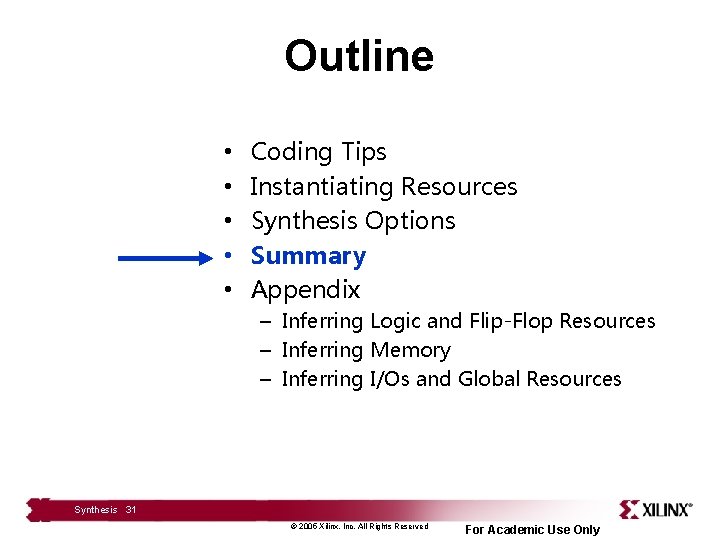 Outline • • • Coding Tips Instantiating Resources Synthesis Options Summary Appendix – Inferring