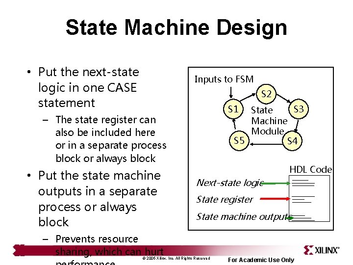 State Machine Design • Put the next-state Inputs to FSM logic in one CASE