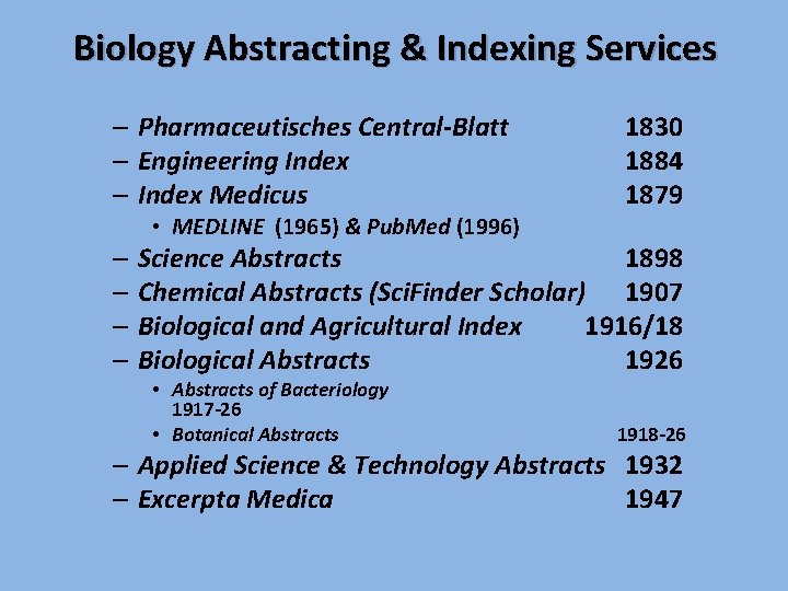 Biology Abstracting & Indexing Services – Pharmaceutisches Central-Blatt – Engineering Index – Index Medicus