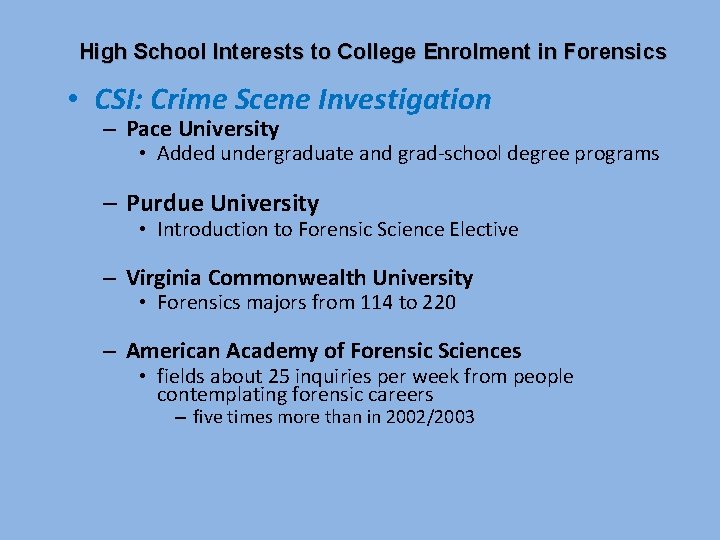 High School Interests to College Enrolment in Forensics • CSI: Crime Scene Investigation –