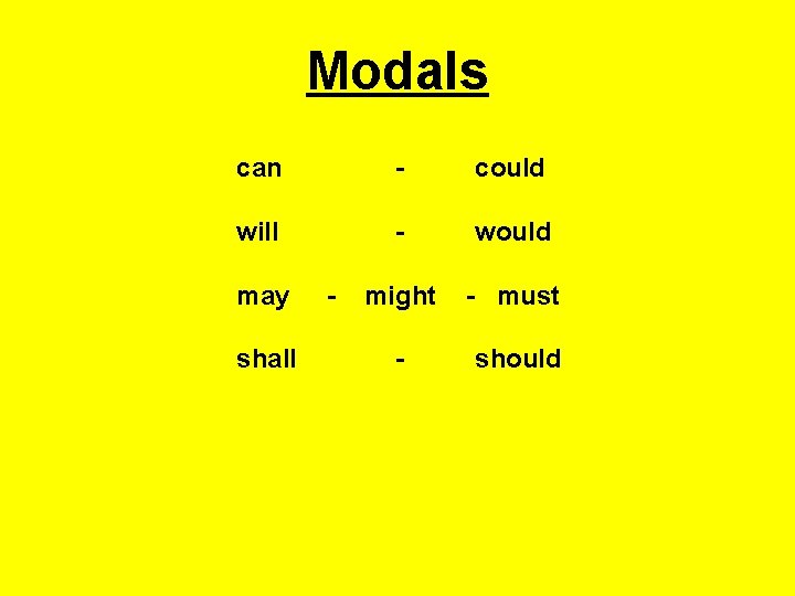 Modals can - could will - would might - must - should may shall