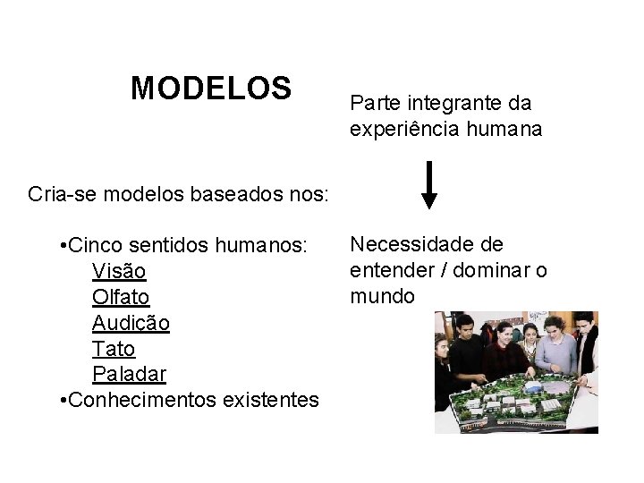 MODELOS Parte integrante da experiência humana Cria-se modelos baseados nos: • Cinco sentidos humanos: