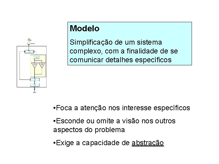 Modelo Simplificação de um sistema complexo, com a finalidade de se comunicar detalhes específicos