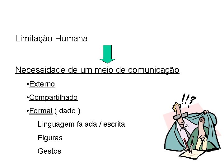 Limitação Humana Necessidade de um meio de comunicação • Externo • Compartilhado • Formal