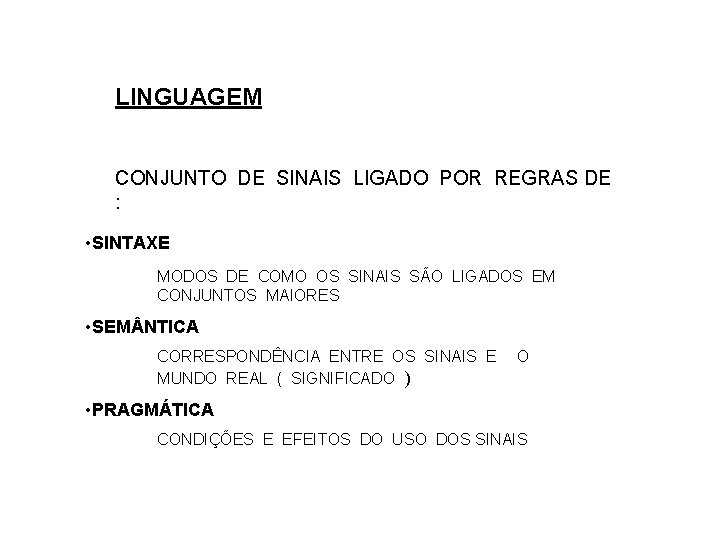 LINGUAGEM CONJUNTO DE SINAIS LIGADO POR REGRAS DE : • SINTAXE MODOS DE COMO