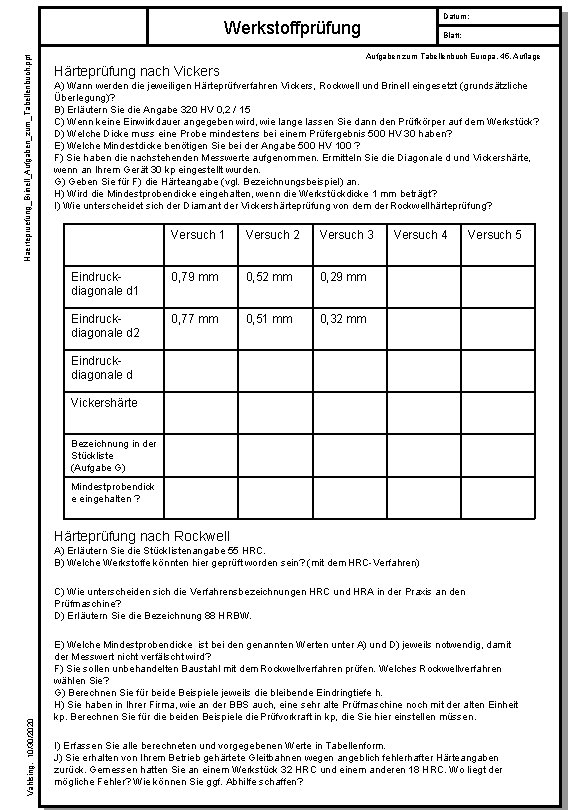 Datum: Haertepruefung_Brinell_Aufgaben_zum_Tabellenbuch. ppt Werkstoffprüfung Blatt: Aufgaben zum Tabellenbuch Europa, 45. Auflage Härteprüfung nach Vickers