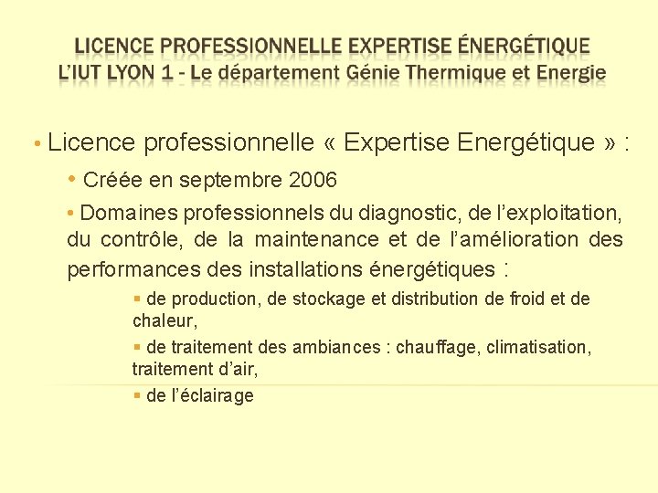  • Licence professionnelle « Expertise Energétique » : • Créée en septembre 2006