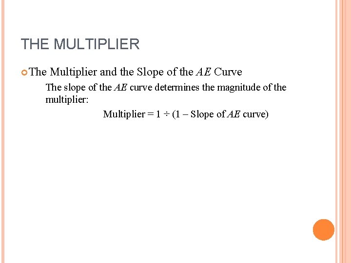 THE MULTIPLIER The Multiplier and the Slope of the AE Curve The slope of
