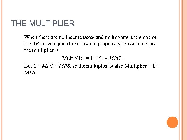 THE MULTIPLIER When there are no income taxes and no imports, the slope of