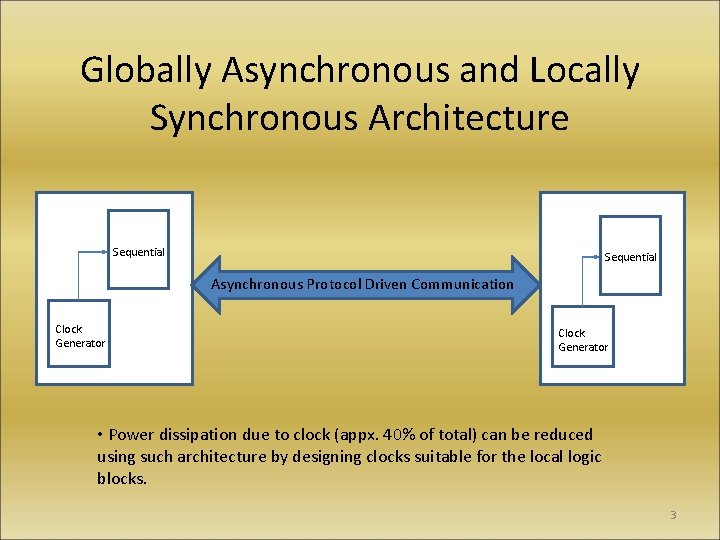 Globally Asynchronous and Locally Synchronous Architecture Sequential Asynchronous Protocol Driven Communication Clock Generator •