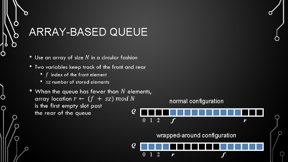 ARRAY-BASED QUEUE • normal configuration Q 0 1 2 f r wrapped-around configuration Q