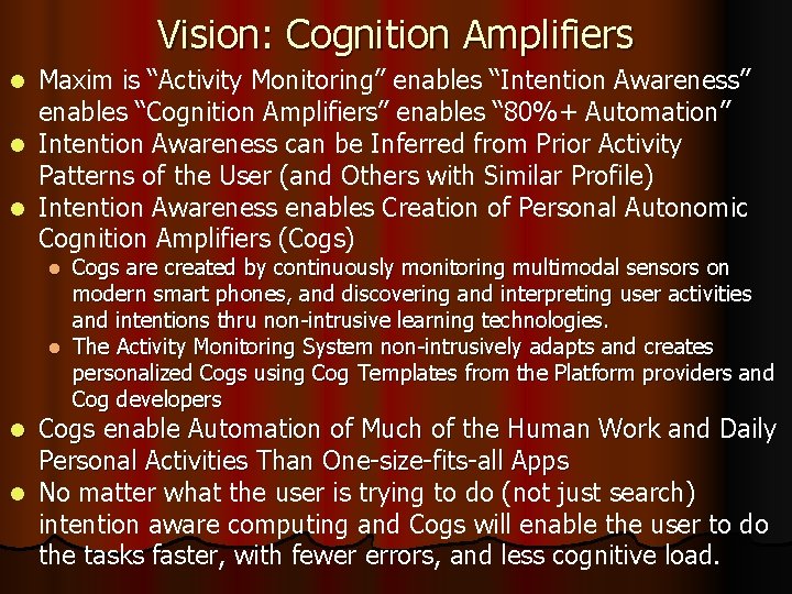 Vision: Cognition Amplifiers Maxim is “Activity Monitoring” enables “Intention Awareness” enables “Cognition Amplifiers” enables