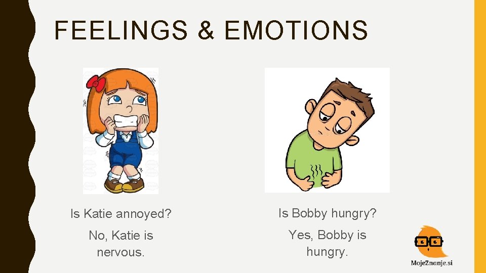 FEELINGS & EMOTIONS Is Katie annoyed? Is Bobby hungry? No, Katie is nervous. Yes,