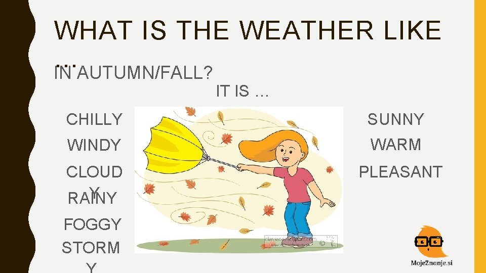 WHAT IS THE WEATHER LIKE … IN AUTUMN/FALL? IT IS … CHILLY SUNNY WINDY