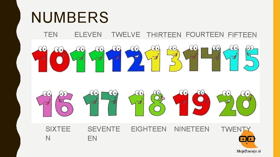 NUMBERS TEN SIXTEE N ELEVEN TWELVE THIRTEEN FOURTEEN FIFTEEN SEVENTE EN EIGHTEEN NINETEEN TWENTY