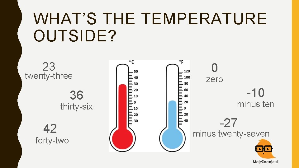 WHAT’S THE TEMPERATURE OUTSIDE? 23 twenty-three 36 thirty-six 42 forty-two 0 zero -10 minus