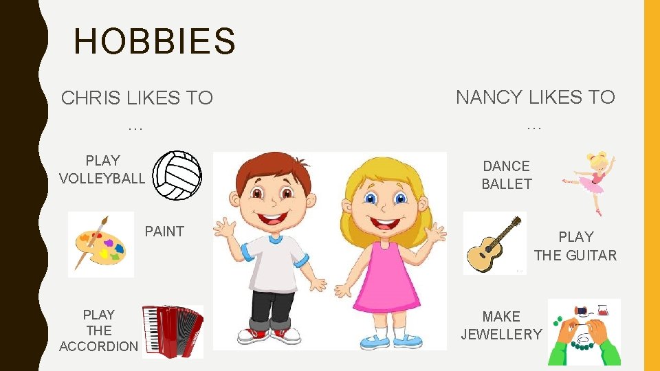 HOBBIES CHRIS LIKES TO … PLAY VOLLEYBALL PAINT PLAY THE ACCORDION NANCY LIKES TO