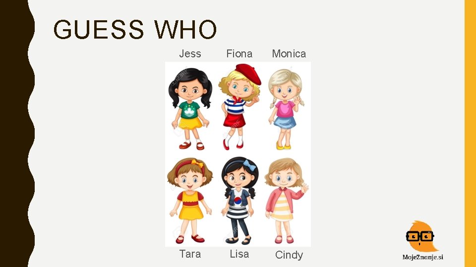 GUESS WHO Jess Fiona Monica Tara Lisa Cindy 