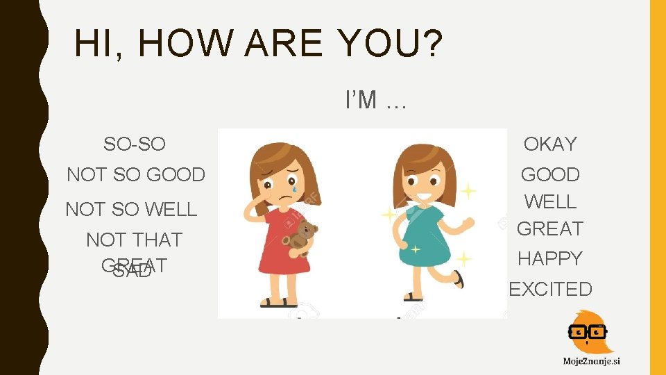 HI, HOW ARE YOU? I’M … SO-SO OKAY NOT SO GOOD WELL GREAT NOT