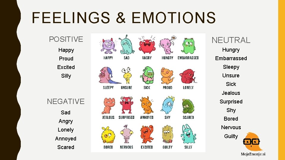 FEELINGS & EMOTIONS POSITIVE NEUTRAL Happy Hungry Proud Embarrassed Excited Sleepy Silly Unsure Sick