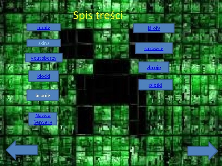 Spis treści mody skins kilofy surowce youtoberzy zbroje klocki płotki bronie Nazwa Serwery 