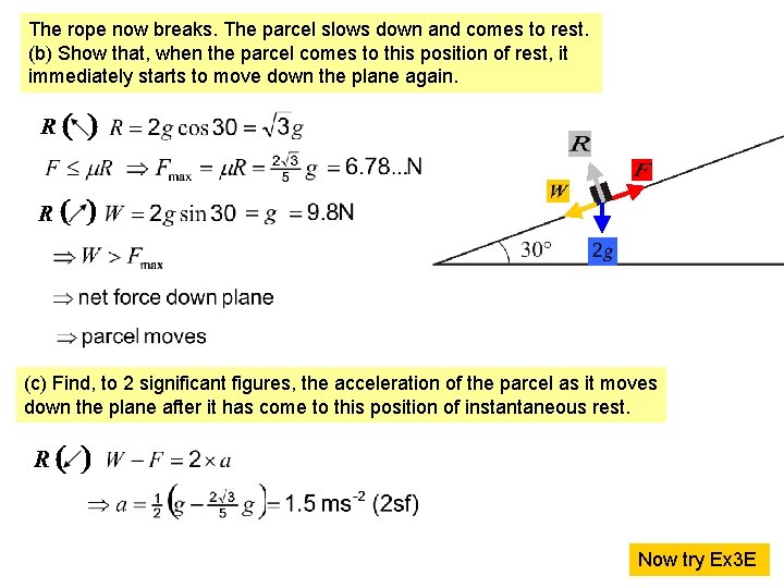 The rope now breaks. The parcel slows down and comes to rest. (b) Show