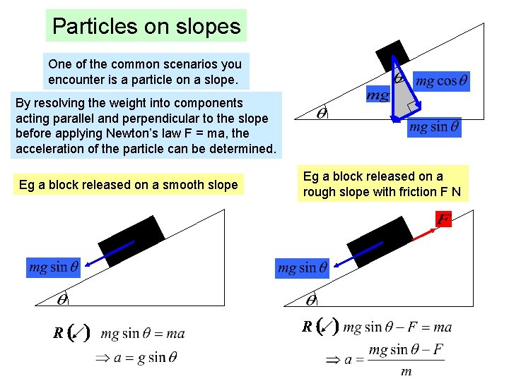 Particles on slopes One of the common scenarios you encounter is a particle on