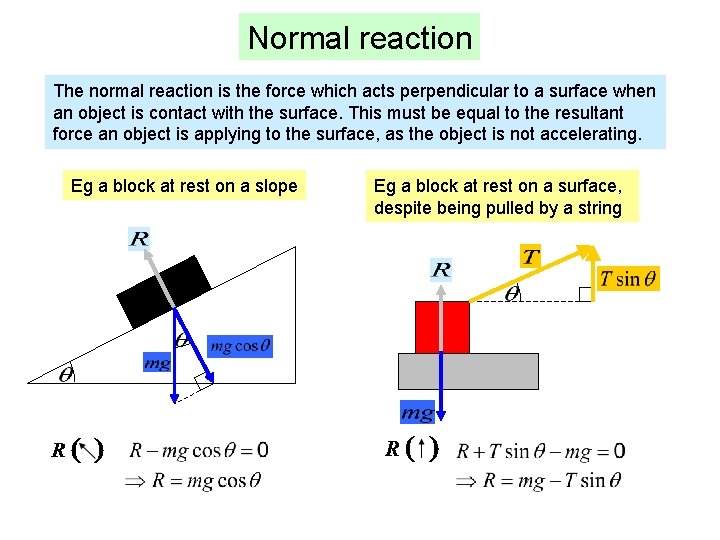 Normal reaction The normal reaction is the force which acts perpendicular to a surface