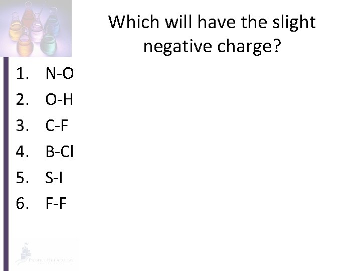 Which will have the slight negative charge? 1. 2. 3. 4. 5. 6. N-O