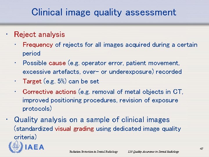 Clinical image quality assessment • Reject analysis • Frequency of rejects for all images