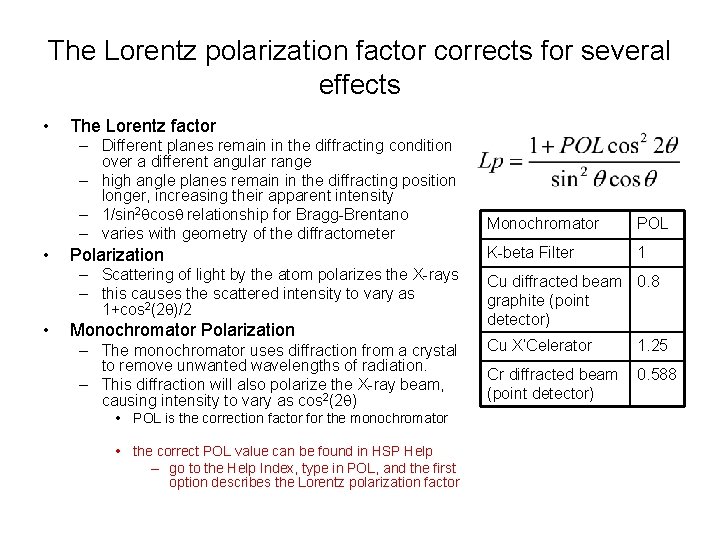 The Lorentz polarization factor corrects for several effects • The Lorentz factor – Different