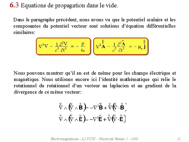 6. 3 Equations de propagation dans le vide. Dans le paragraphe précédent, nous avons