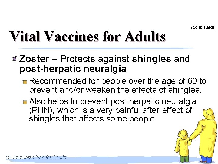 Vital Vaccines for Adults (continued) Zoster – Protects against shingles and post-herpatic neuralgia Recommended