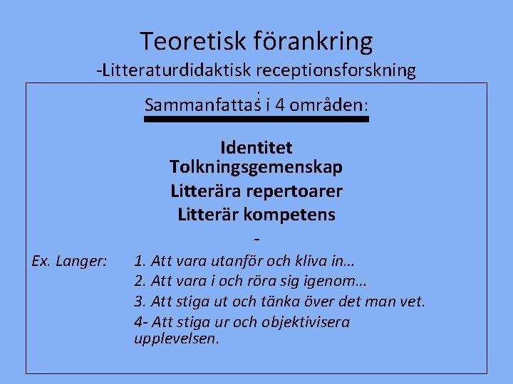 Teoretisk förankring -Litteraturdidaktisk receptionsforskning : Sammanfattas i 4 områden: Ex. Langer: Identitet Tolkningsgemenskap Litterära