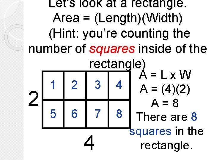 Let’s look at a rectangle. Area = (Length)(Width) (Hint: you’re counting the number of