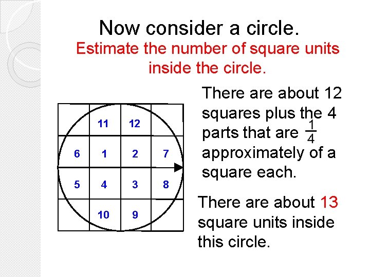 Now consider a circle. Estimate the number of square units inside the circle. 11