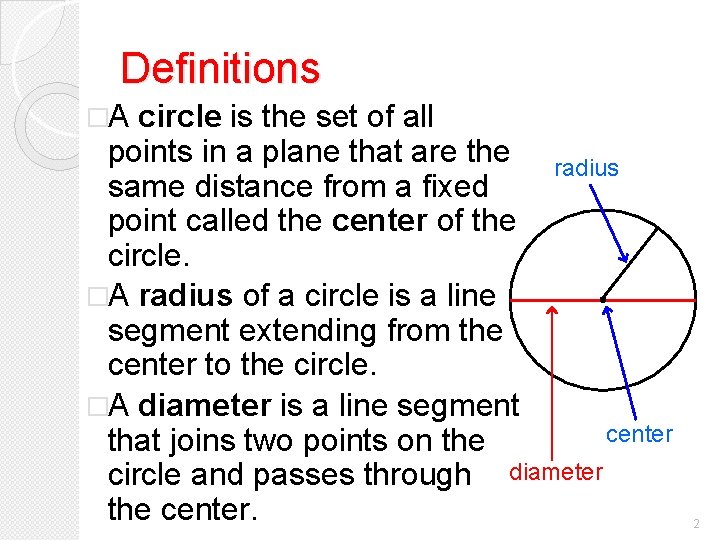 Definitions �A circle is the set of all points in a plane that are