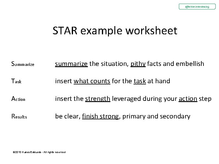 Effective interviewing STAR example worksheet Summarize summarize the situation, pithy facts and embellish Task Effective interviewing STAR example worksheet Summarize summarize the situation, pithy facts and embellish Task