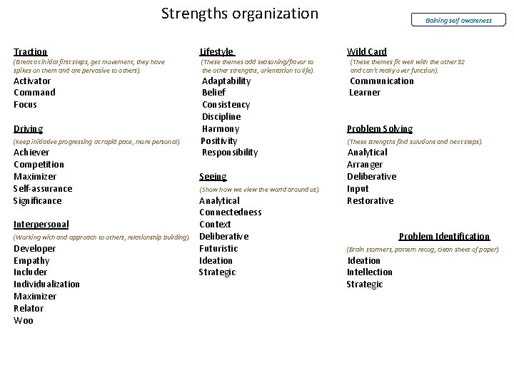 Strengths organization Gaining self awareness Traction Lifestyle Wild Card Activator Command Focus Adaptability Belief Strengths organization Gaining self awareness Traction Lifestyle Wild Card Activator Command Focus Adaptability Belief
