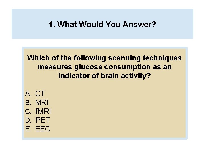1. What Would You Answer? Which of the following scanning techniques measures glucose consumption